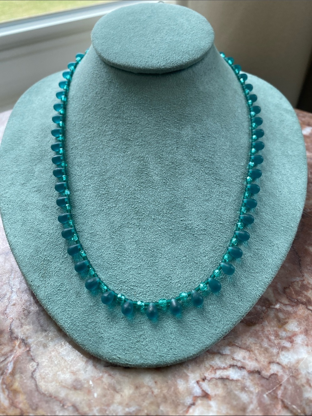 Handcrafted Teal Frosted Glass/Faceted Crystal Beaded Necklace Swirl Clasp